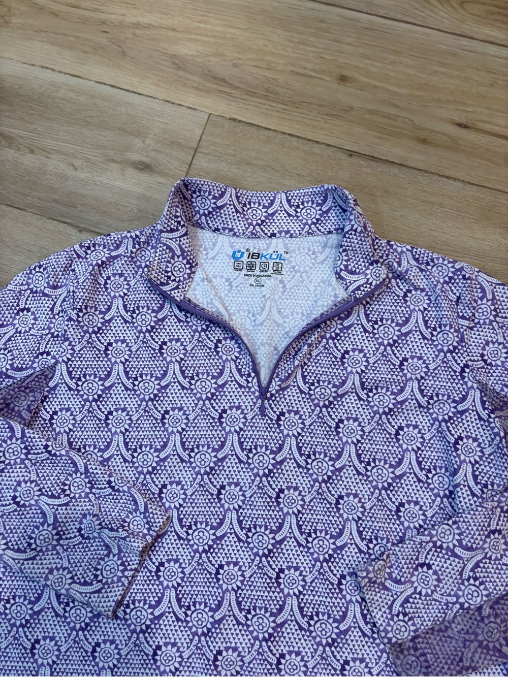 IBKUL Leslie Purple White Mock Zipper Long Sleeve Top  50 SPF Geometric XL